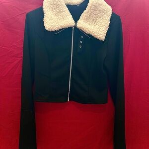 Women's Black Cropped Moto style Jacket with large Sherpa collars, X-Large